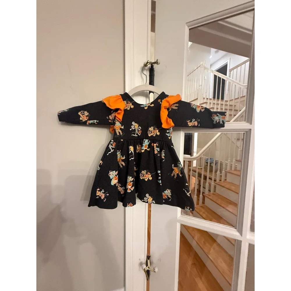 Disney x Monica + Andy Halloween Mickey Minnie Ruffle Dress 0-6M Charcoal Orange